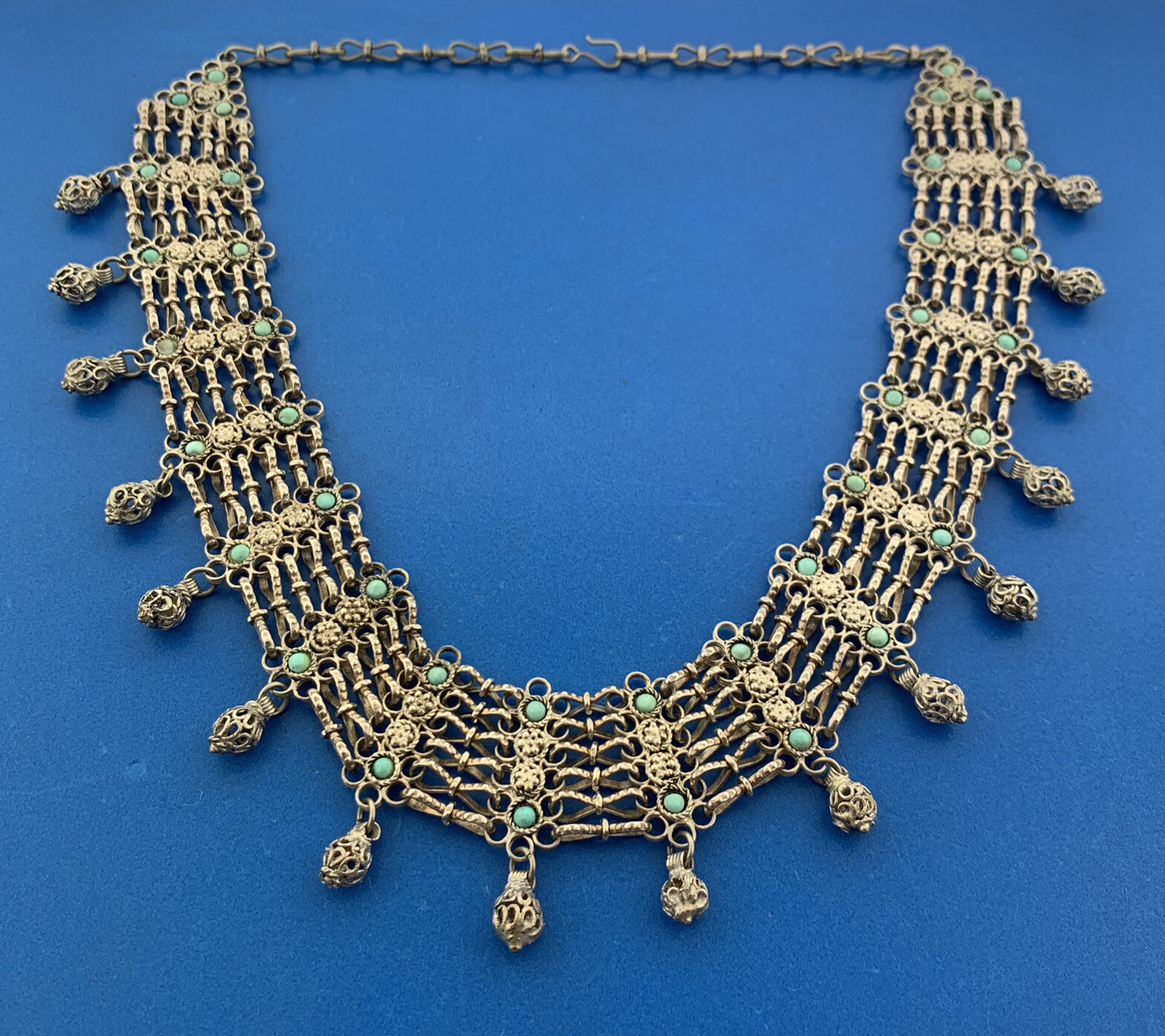 Vintage Silver Tone Floral Lattice Turquoise 7 Strand Statement Collar Necklace