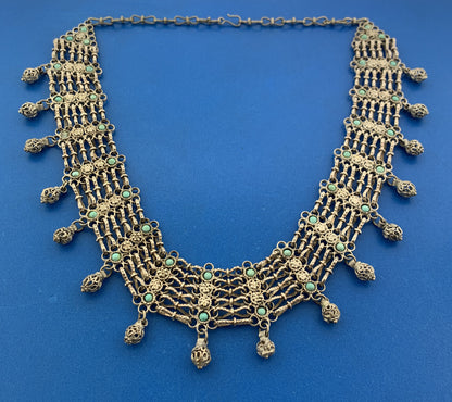 Vintage Silver Tone Floral Lattice Turquoise 7 Strand Statement Collar Necklace