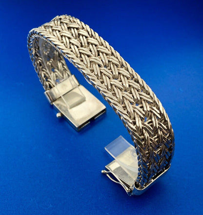 925 Sterling Silver Basket Weave Heavy Statement Buckle Bracelet