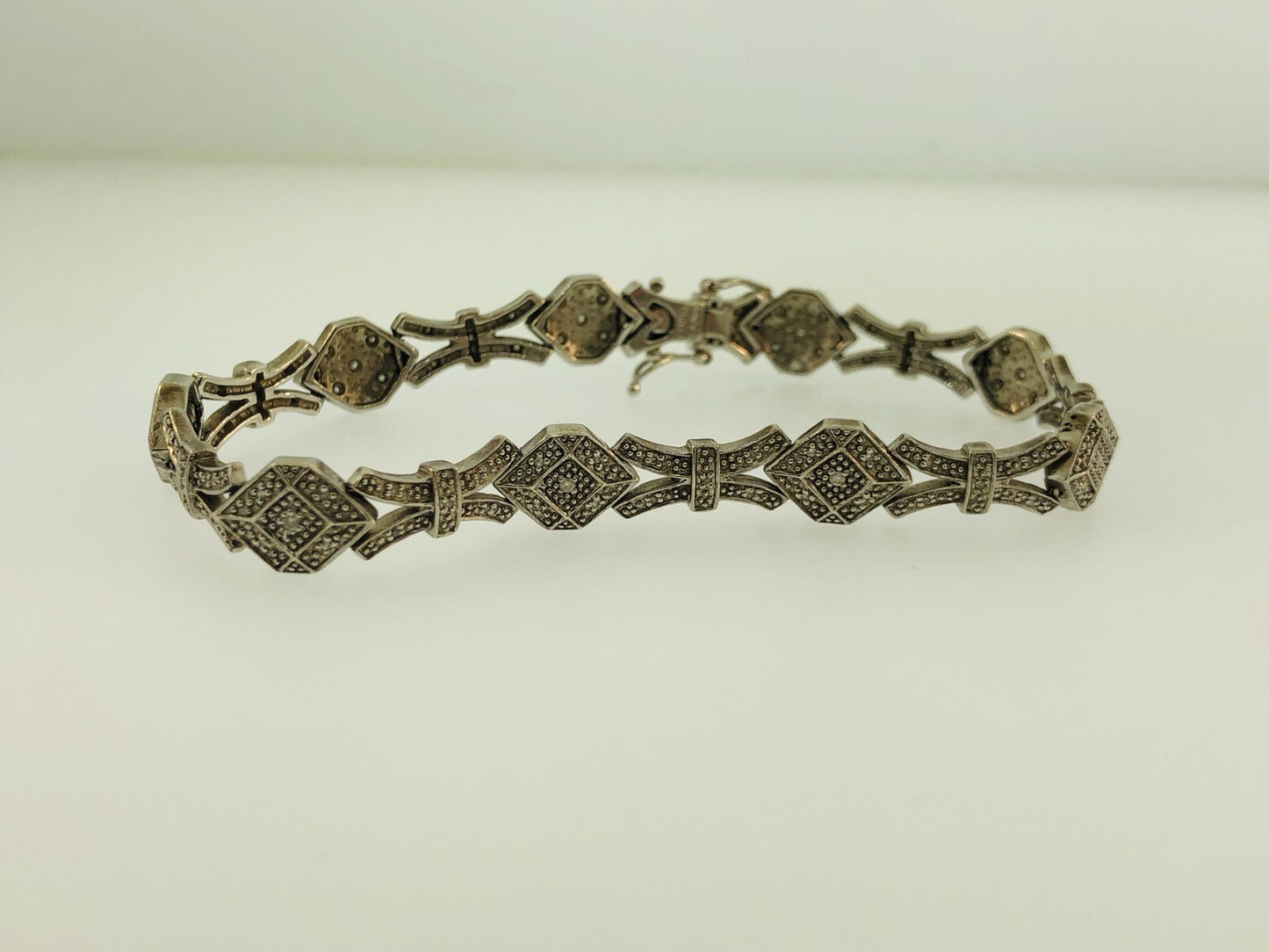 Vintage EA Sterling Silver 925 Diamond Modernist X O Link Tennis Bracelet