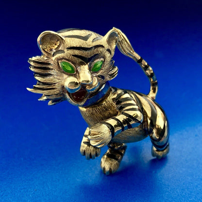 Vintage Martine 14k Yellow Gold Enamel Tiger Cat Brooch Pin Pendant