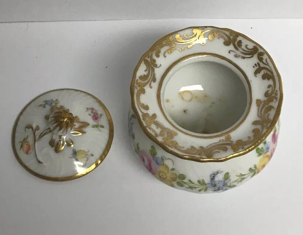 Vintage Dresden Hand Painted Gold Leaf Floral Lidded Cup/Pot No Saucer Inkwell