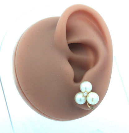 Vintage 14K Yellow Gold Pearl Trio Grape Cluster Diamond Accented Stud Earrings
