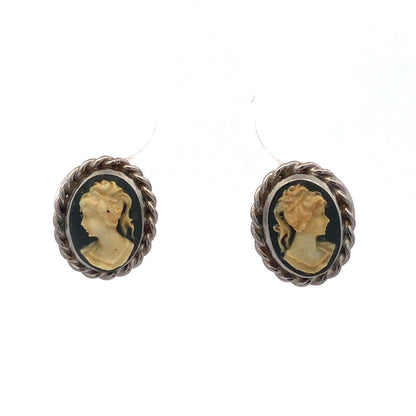 Designer CARLA 925 Sterling Silver Oval Grey Cameo Stud Earrings