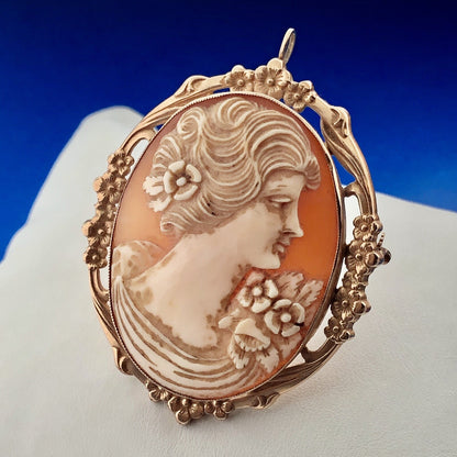 Victorian 10K Yellow Gold Oval Carved Cameo Floral Statement Brooch Pendant