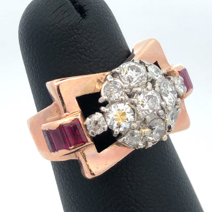 Unusual 14K Rose Gold Diamond Floral Cluster Ruby Baguette Accent Cocktail Ring
