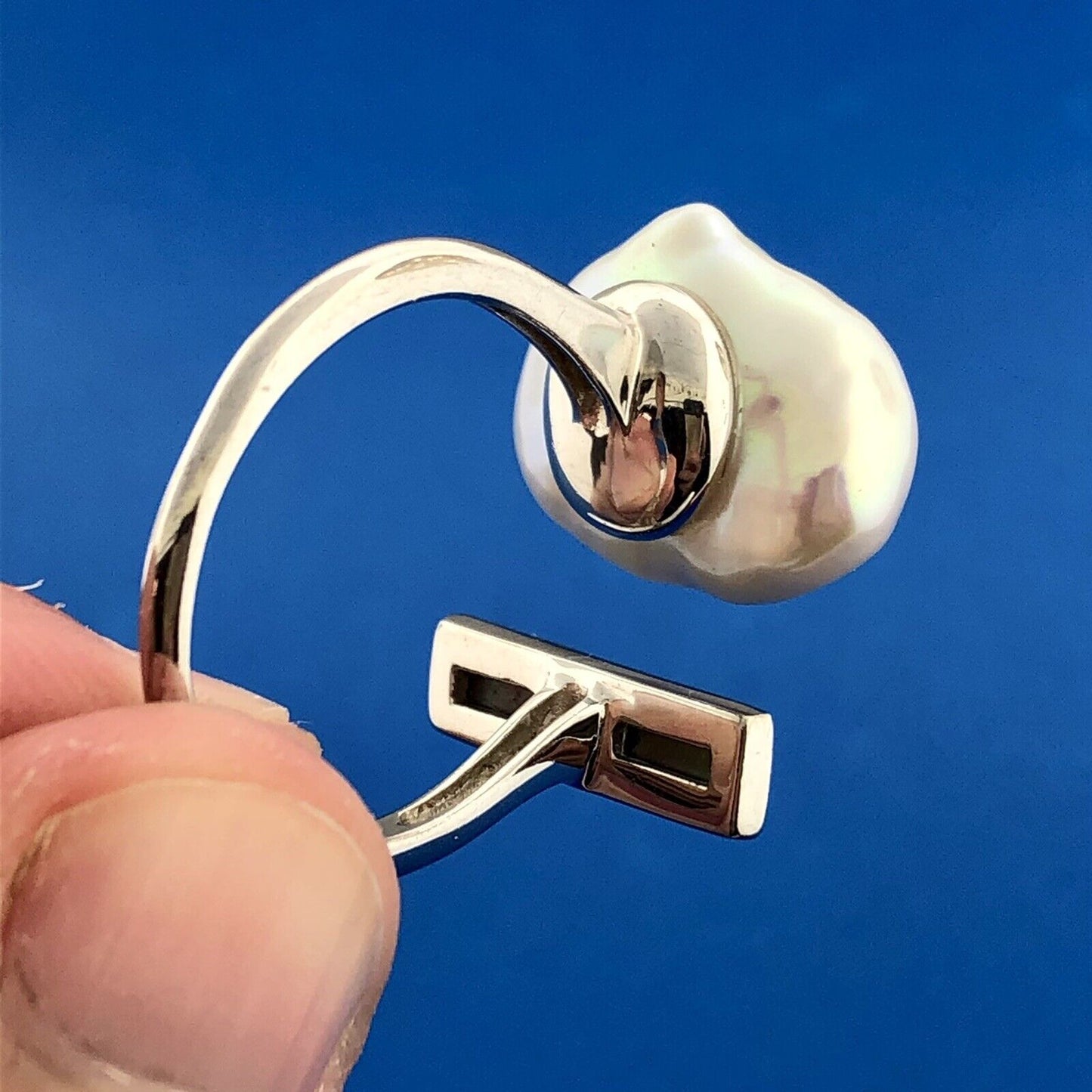 Retro Modernist 925 Sterling Silver Freshwater Pearl Hematite Adjustable Ring
