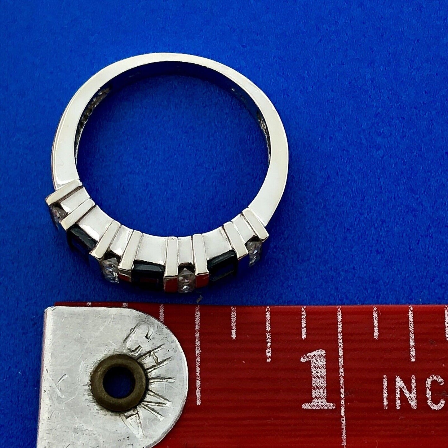 Retro Designer 14K White Gold Diamond Sapphire Channel Set Tapered Band Ring