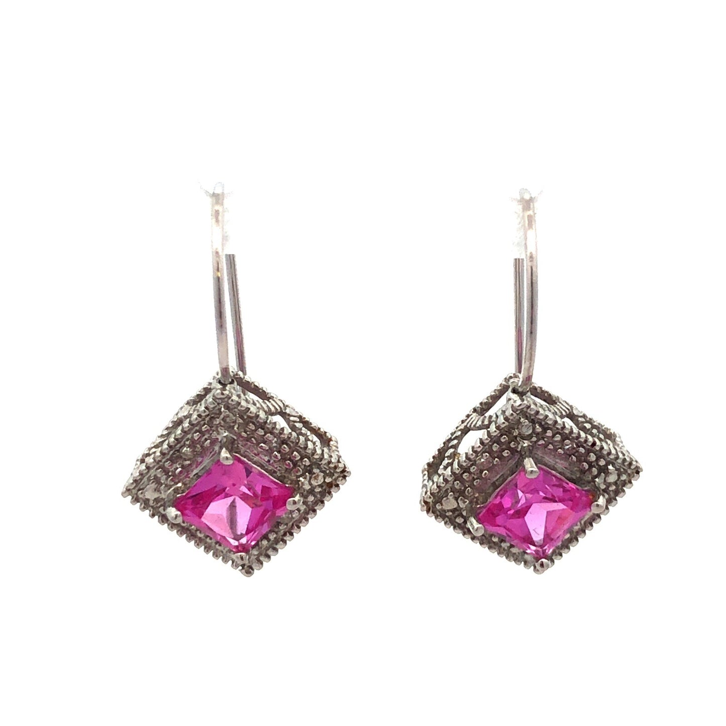 Designer 10K White Gold Princess Pink Sapphire Diamond French Hook Earrings