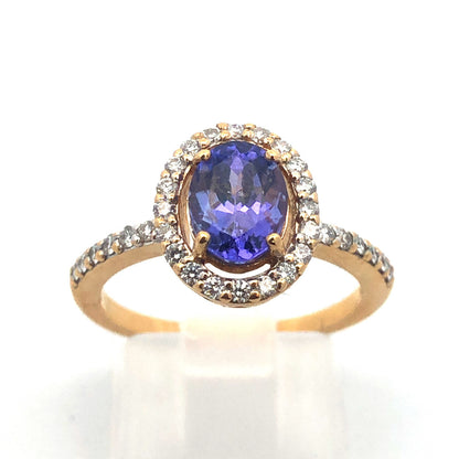 Designer 18K Yellow Gold Oval Tanzanite Diamond Halo Engagement Cocktail Ring