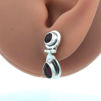 Vintage 925 Sterling Silver Round Bezel Pear Garnet Dangle Drop Stud Earrings