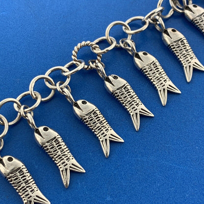 Estate 925 Sterling Silver Twelve Fish Religious Icon Statement Toggle Bracelet
