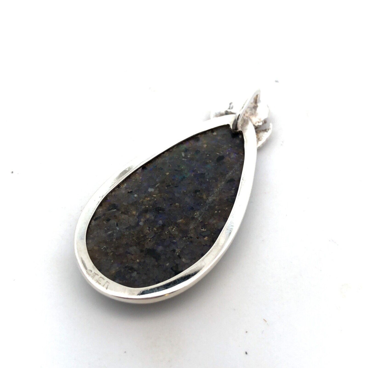 Vintage 925 Sterling Silver Pear Black Opal Flower Detail Statement Pendant