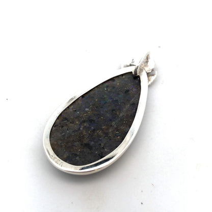 Vintage 925 Sterling Silver Pear Black Opal Flower Detail Statement Pendant