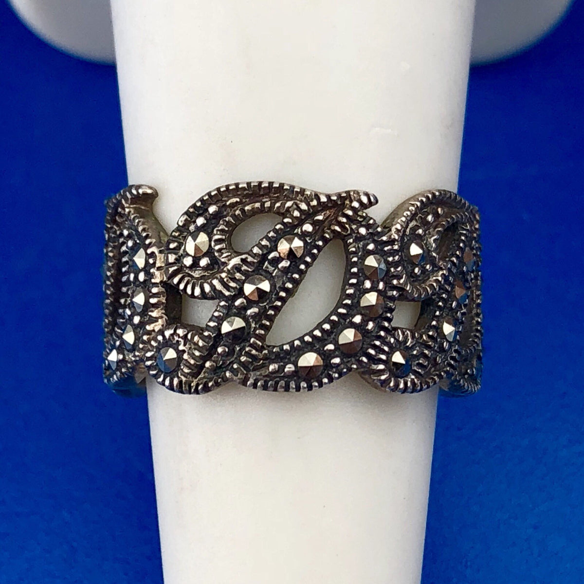 Designer Thailand 925 Sterling Silver Marcasite Cut Out D Scroll Cigar Band Ring
