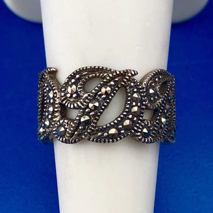 Designer Thailand 925 Sterling Silver Marcasite Cut Out D Scroll Cigar Band Ring