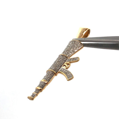 14K Yellow Gold Pave Diamond Rifle Machine Gun Firearm Statement Pendant