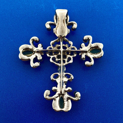 Silver Tone Grn Blue Aqua Crystal Fleur De Lis Cross Statement Enhancer Pendant