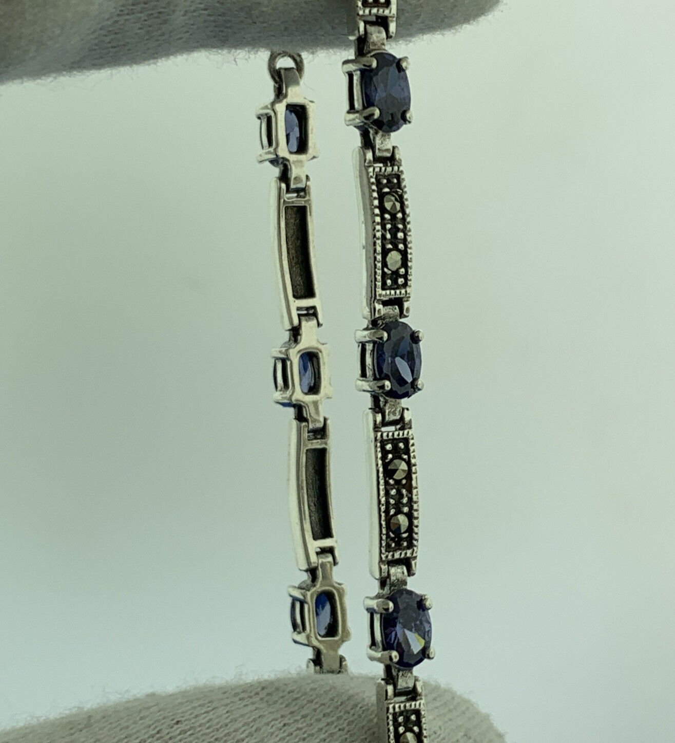 925 Sterling Silver Oval Tanzanite Marcasite Accented Tennis Bracelet
