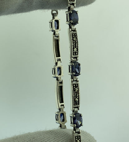 925 Sterling Silver Oval Tanzanite Marcasite Accented Tennis Bracelet