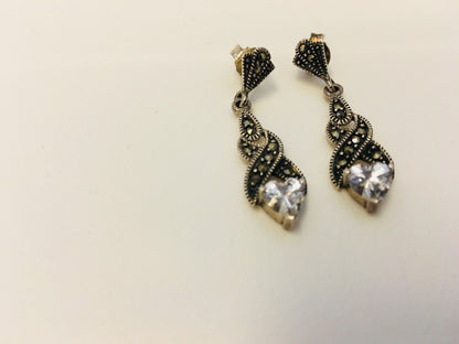 Sterling Silver 925 Marcasite Twist CZ Heart Drop Dangle Earrings
