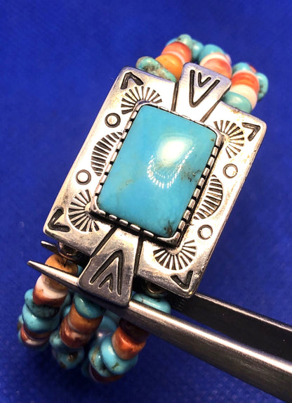 Native American Signer 925 Sterling Silver Turquoise & Shell Beaded Bracelet