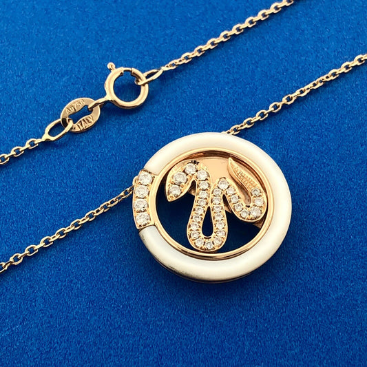 Designer CMG 18K Rose Gold Diamond Mother Of Pearl Snake Disc Pendant Necklace