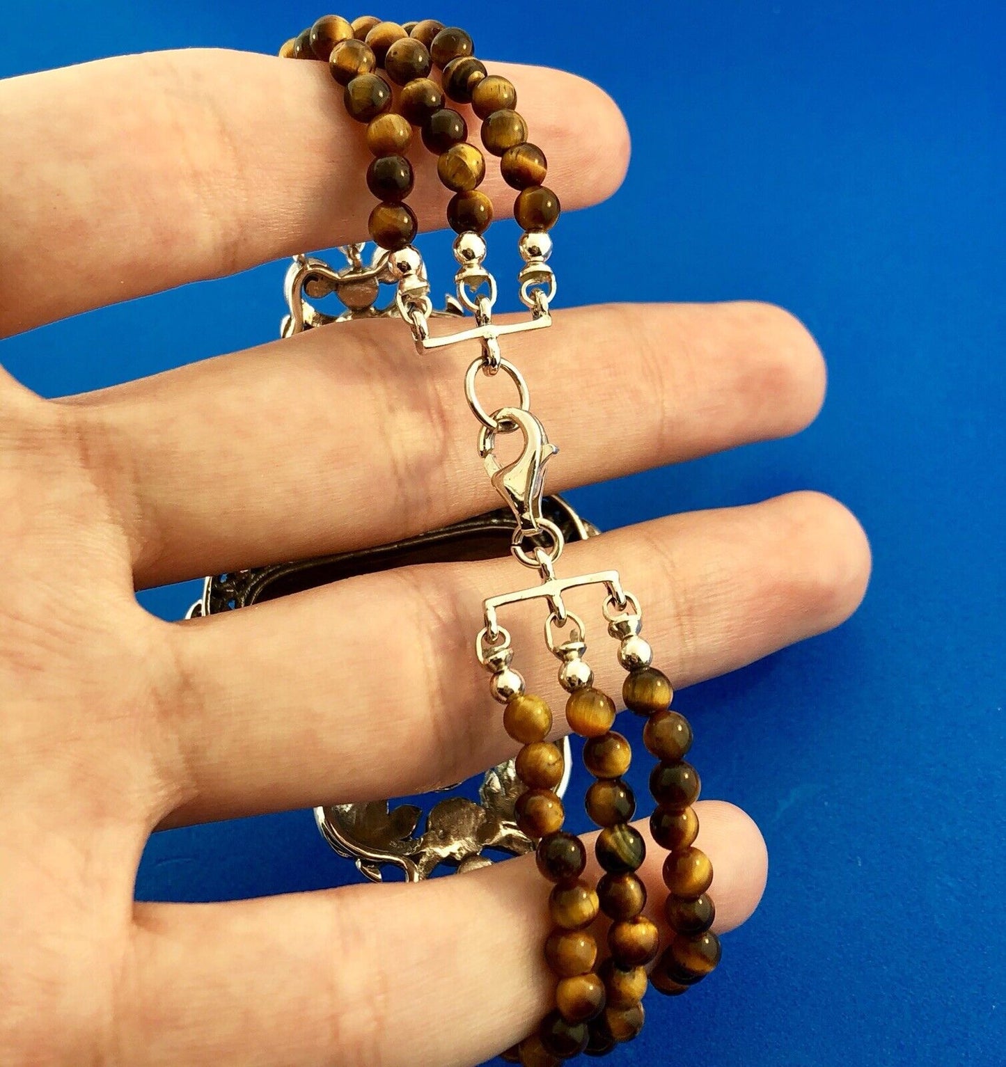 Retro 925 Sterling Silver Tiger Eye Beaded Open Scroll Work Statement Bracelet