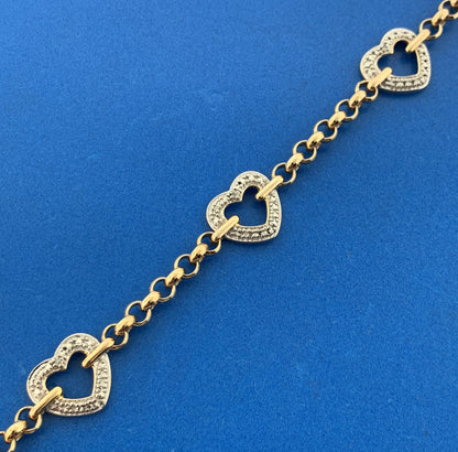 Designer 925 Sterling Silver Vermeil Diamond 2 Tone Heart Panel Toggle Bracelet