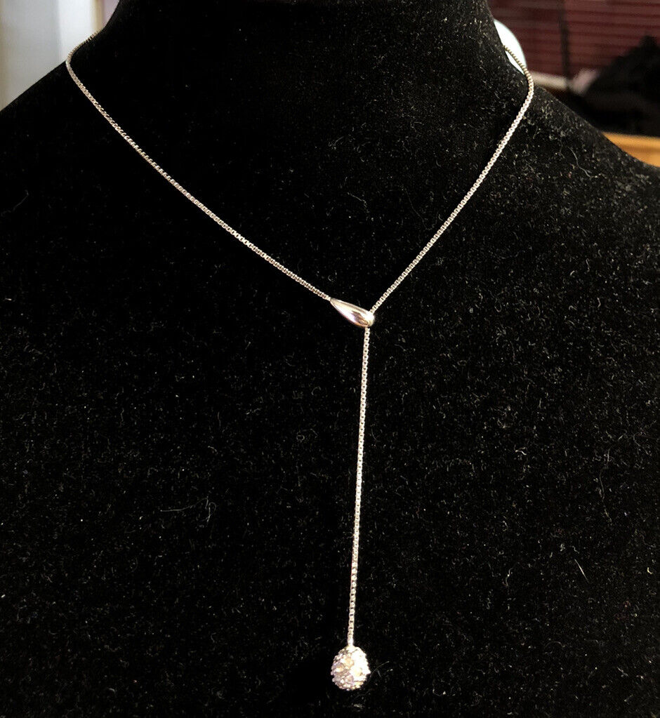 Designer Italy 925 Sterling Silver Cubic Zirconia Ball Charm Lariat Necklace