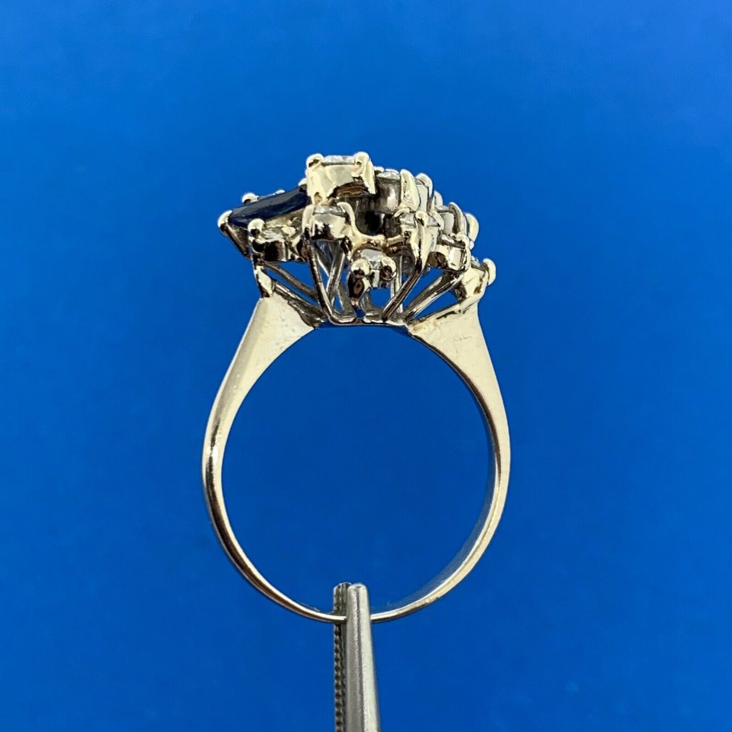 14K White Gold Diamond Sapphire Cluster Statement Anniversary Cocktail Ring