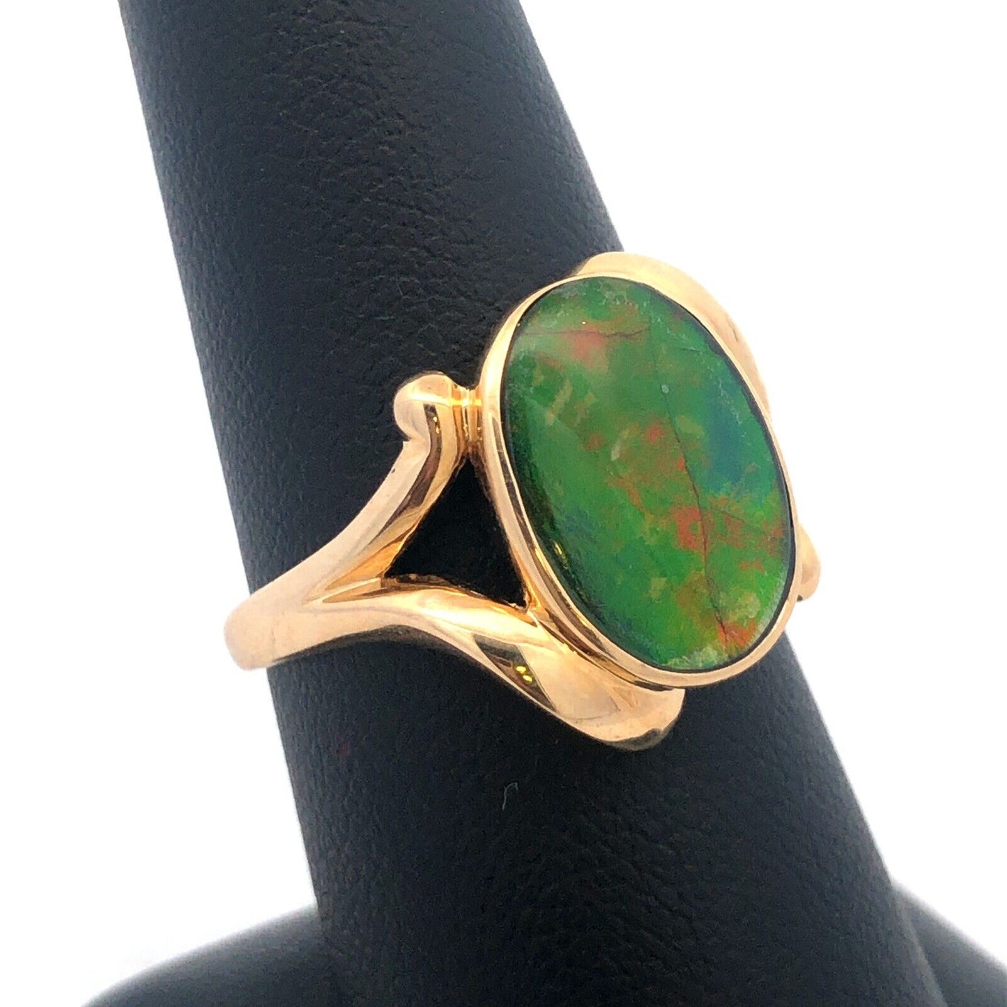 Modernist 14K Yellow Gold Orange Green Opal Oval Doublet Cocktail Ring