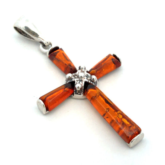 Vintage 925 Sterling Silver Orange Amber Cross Pendant