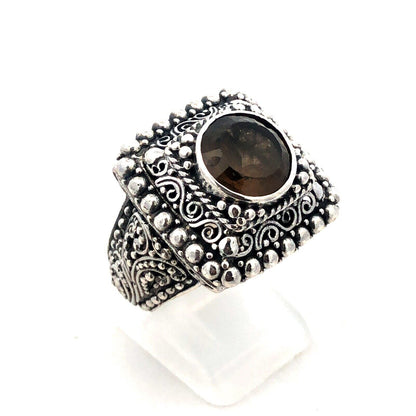 Designer Sarda 925 Sterling Silver Smoky Topa Filigree Square Statement Ring