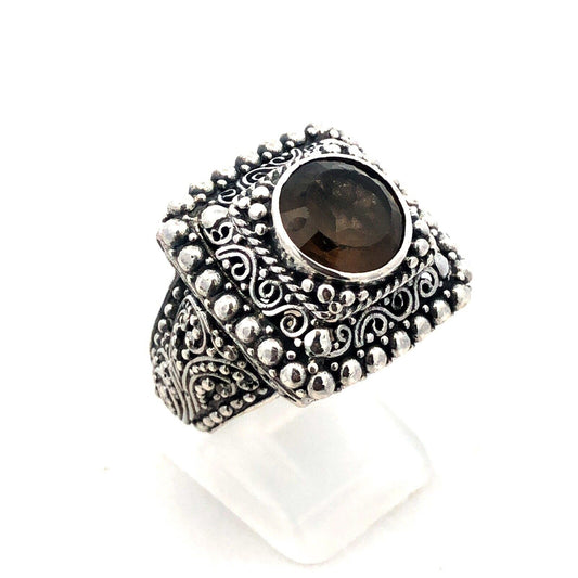 Designer Sarda 925 Sterling Silver Smoky Topa Filigree Square Statement Ring