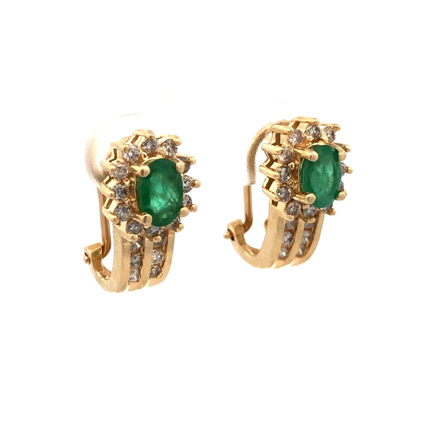 14K Yellow Gold Designer Oval Emerald Diamond Halo Drop Stud Earrings