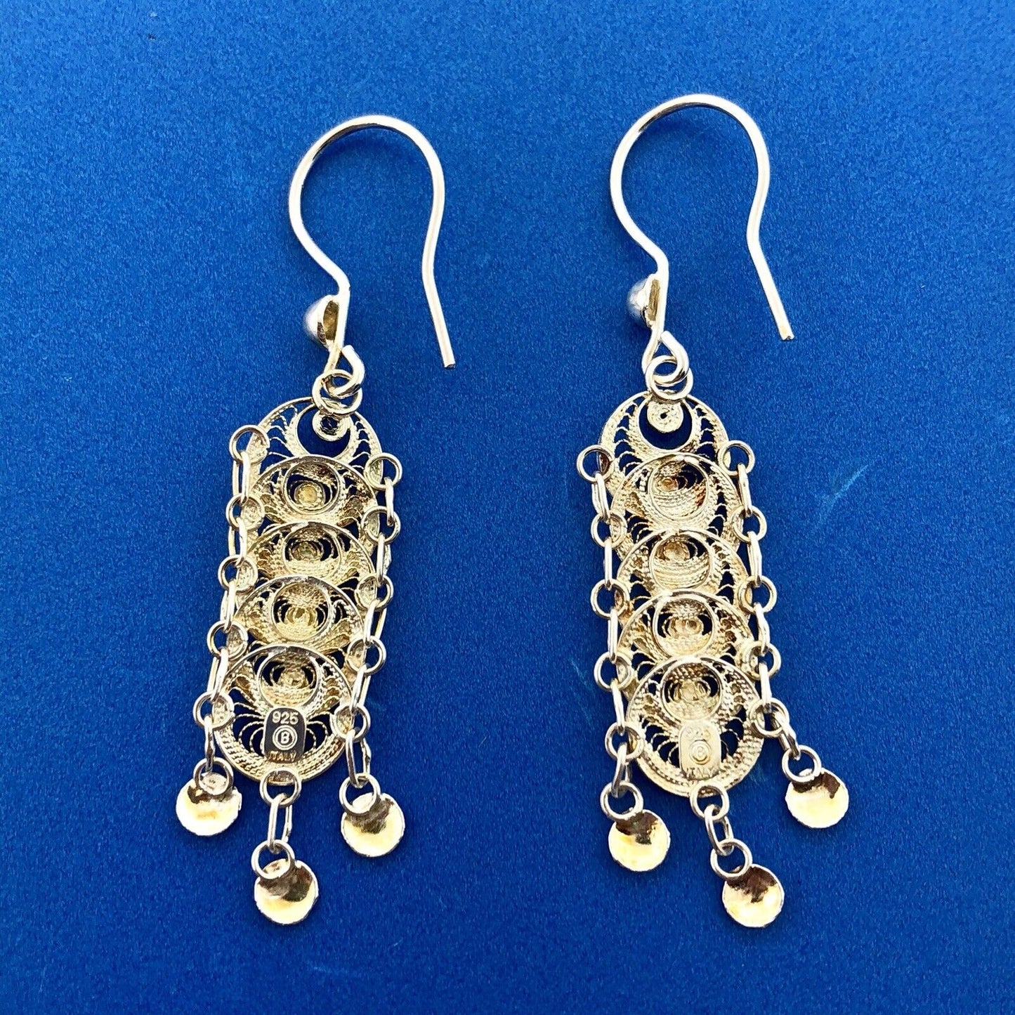 Milor Italy Sterling Silver Filigree Bead Centipede Link Drop Dangle Earrings