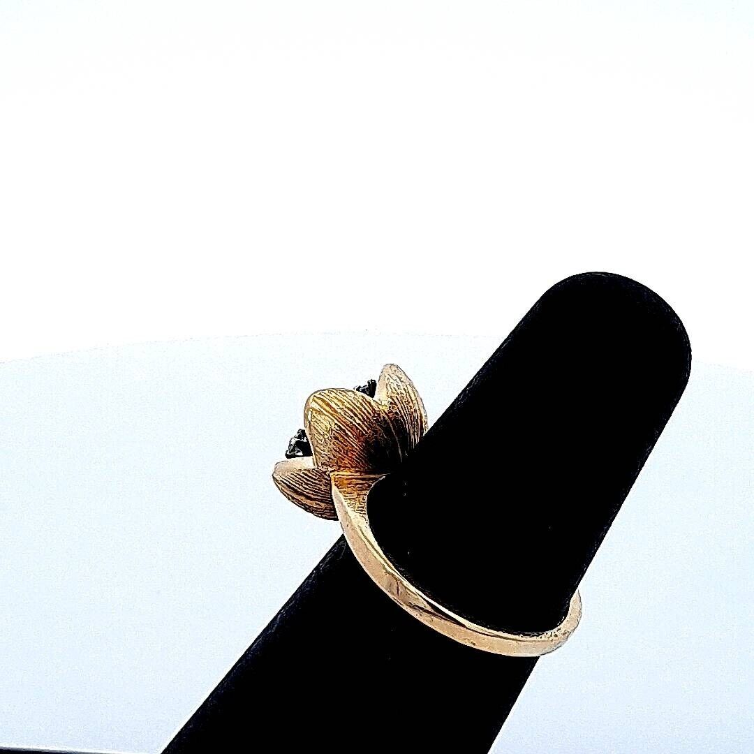 Art Deco Style Estate 14K Yellow Gold Diamond Black Enamel Flower Floral Ring