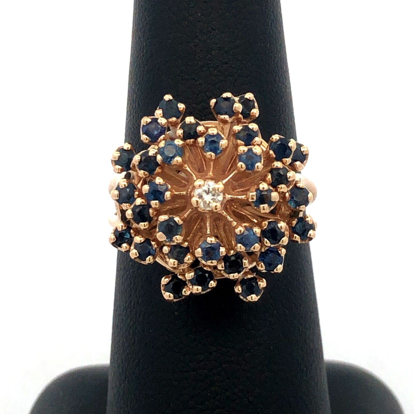 Designer HJW 14K Yellow Gold Round Sapphire Diamond Cluster Dome Cocktail Ring