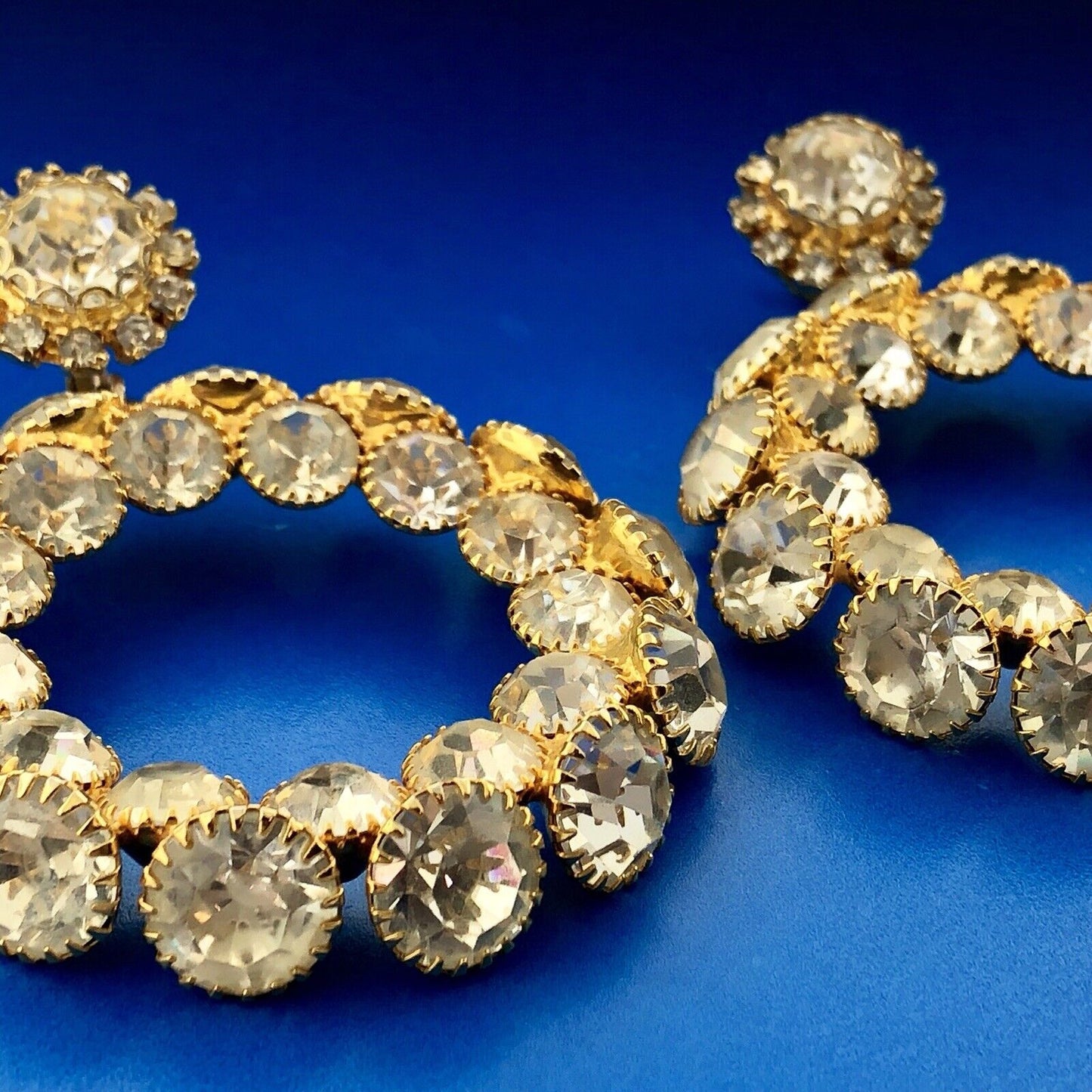 Extravagant Gold Tone Runway Rhinestone Statement Hoop Clip Glamour Earrings