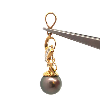 Designer 14K Yellow Gold Black Pearl Diamond Accented Statement Drop Pendant