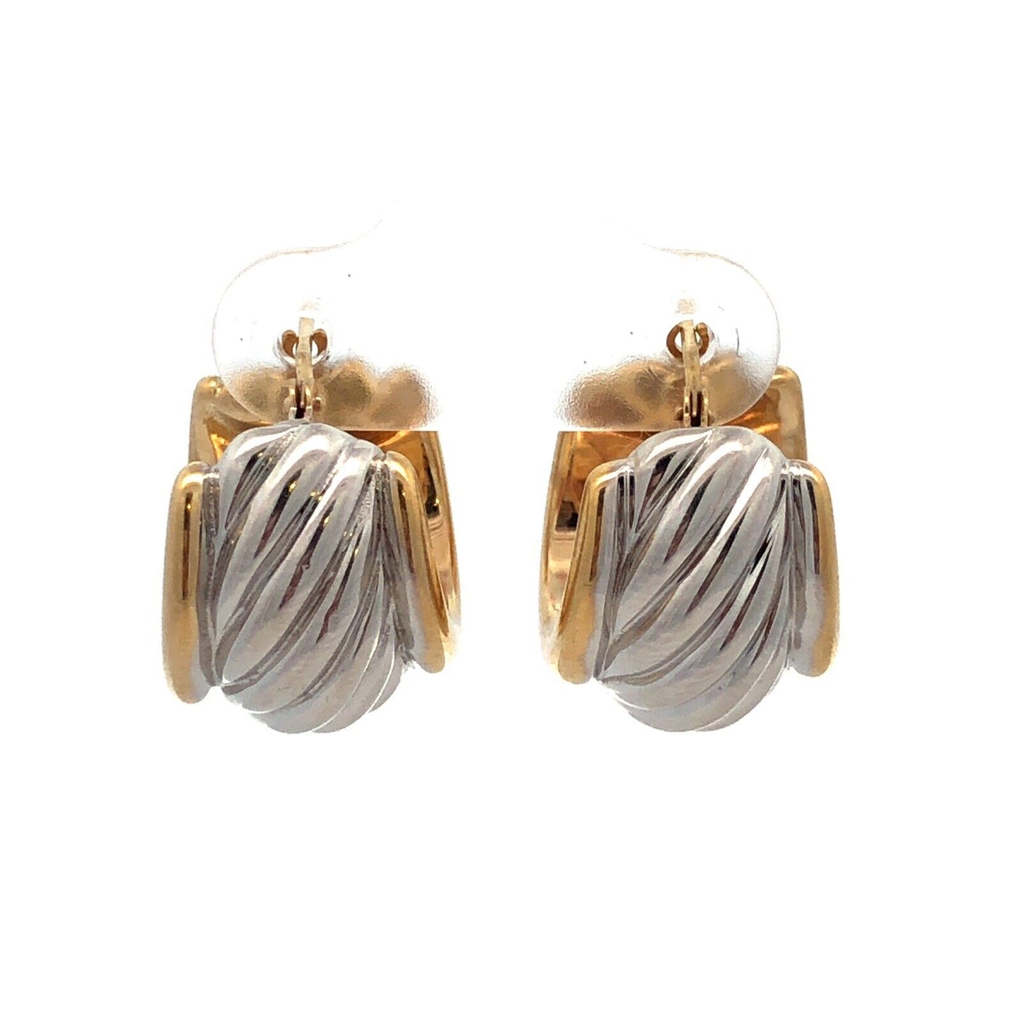 Designer Israel 14K Yellow White Gold Ribbed Two Tone Wide Huggie Hoop Earrings