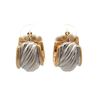 Designer Israel 14K Yellow White Gold Ribbed Two Tone Wide Huggie Hoop Earrings