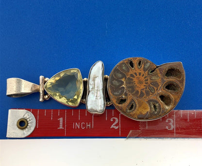 Sterling Silver 925 Lemon Quartz Mother Of Pearl Fossil Ammonite Large Pendant