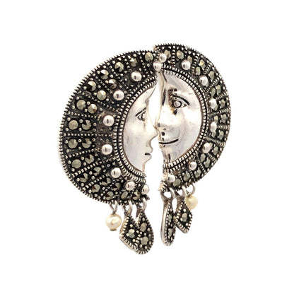 Designer A 925 Sterling Silver Marcasite Pearl Man In Moon Dangle Stud Earrings