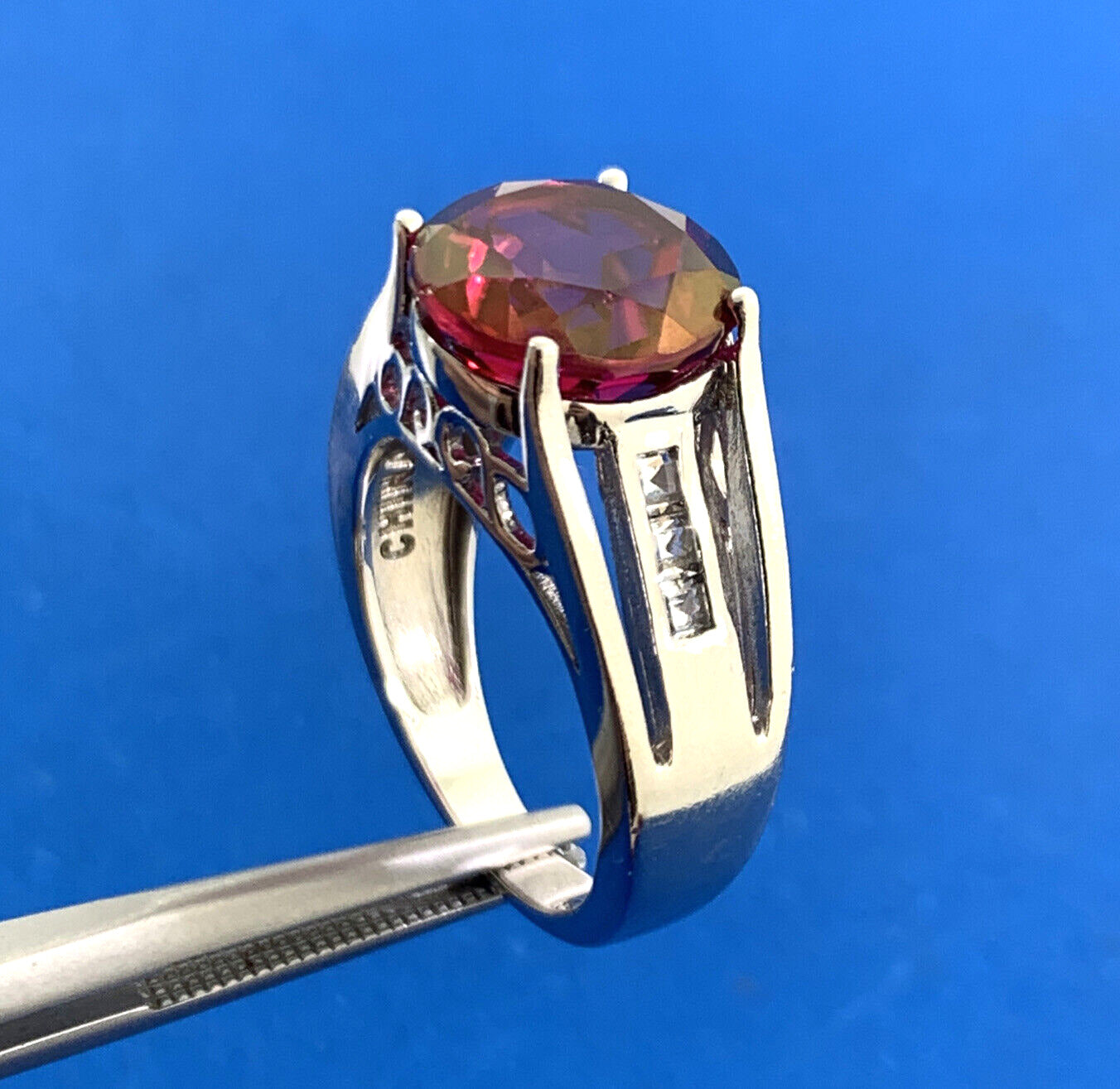 Designer BBJ 925 Sterling Silver Ruby Solitaire White Topaz Accent Cocktail Ring