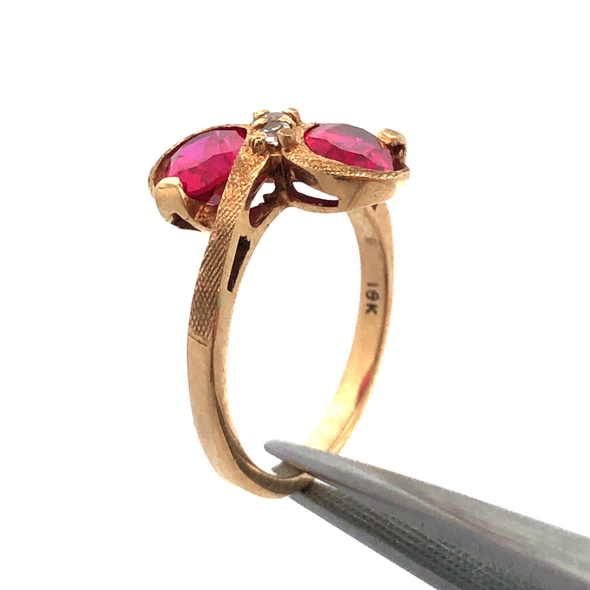Art Deco 18k Yellow Gold Oval Ruby Duo Diamond Accent Free Form Cocktail Ring