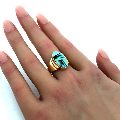 Calvin Begay Navajo 14K Yellow Gold Opal Onyx Storyteller Statement Ring