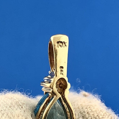 Estate 10k Yellow Gold Diamond Faceted Tear Drop Swiss Blue Topaz Pendant