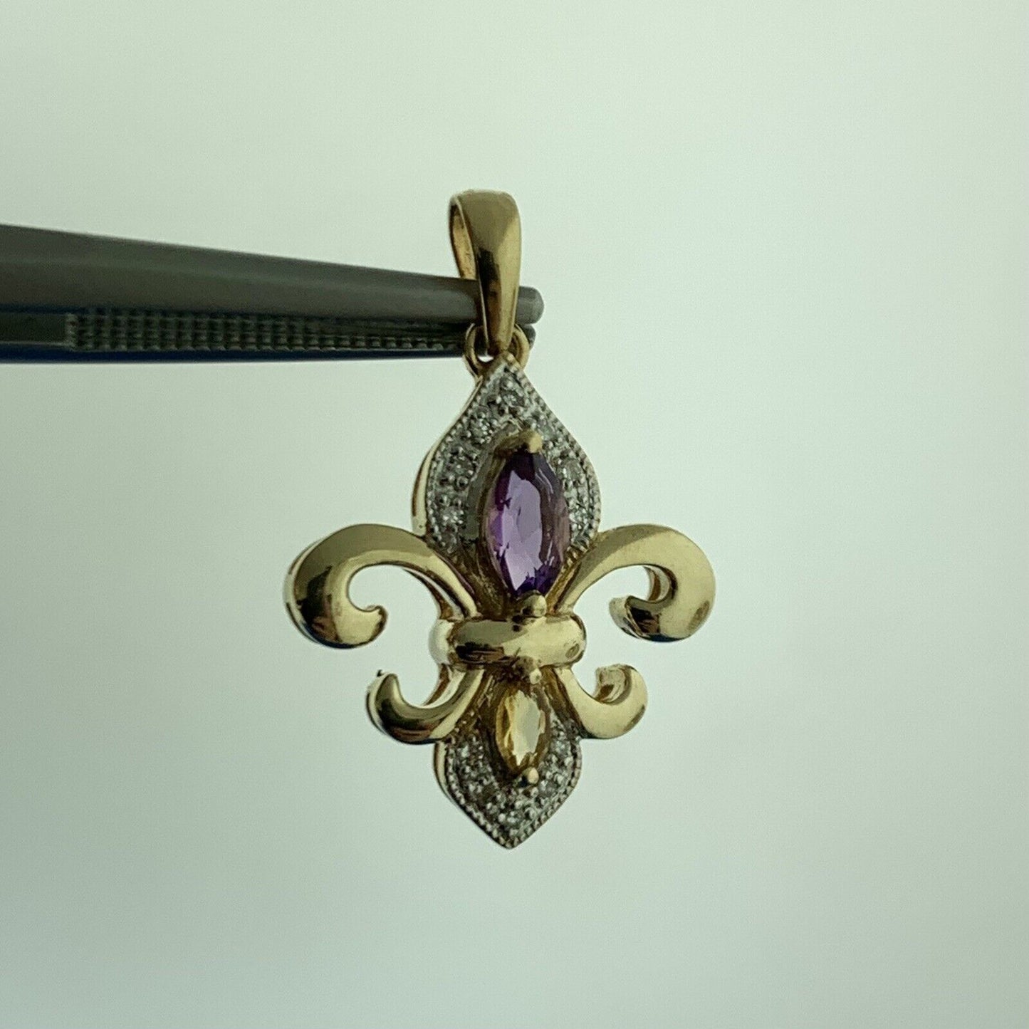 Designer 10K Yellow White Gold Amethyst Citrine Diamond Fleur De Lis Pendant
